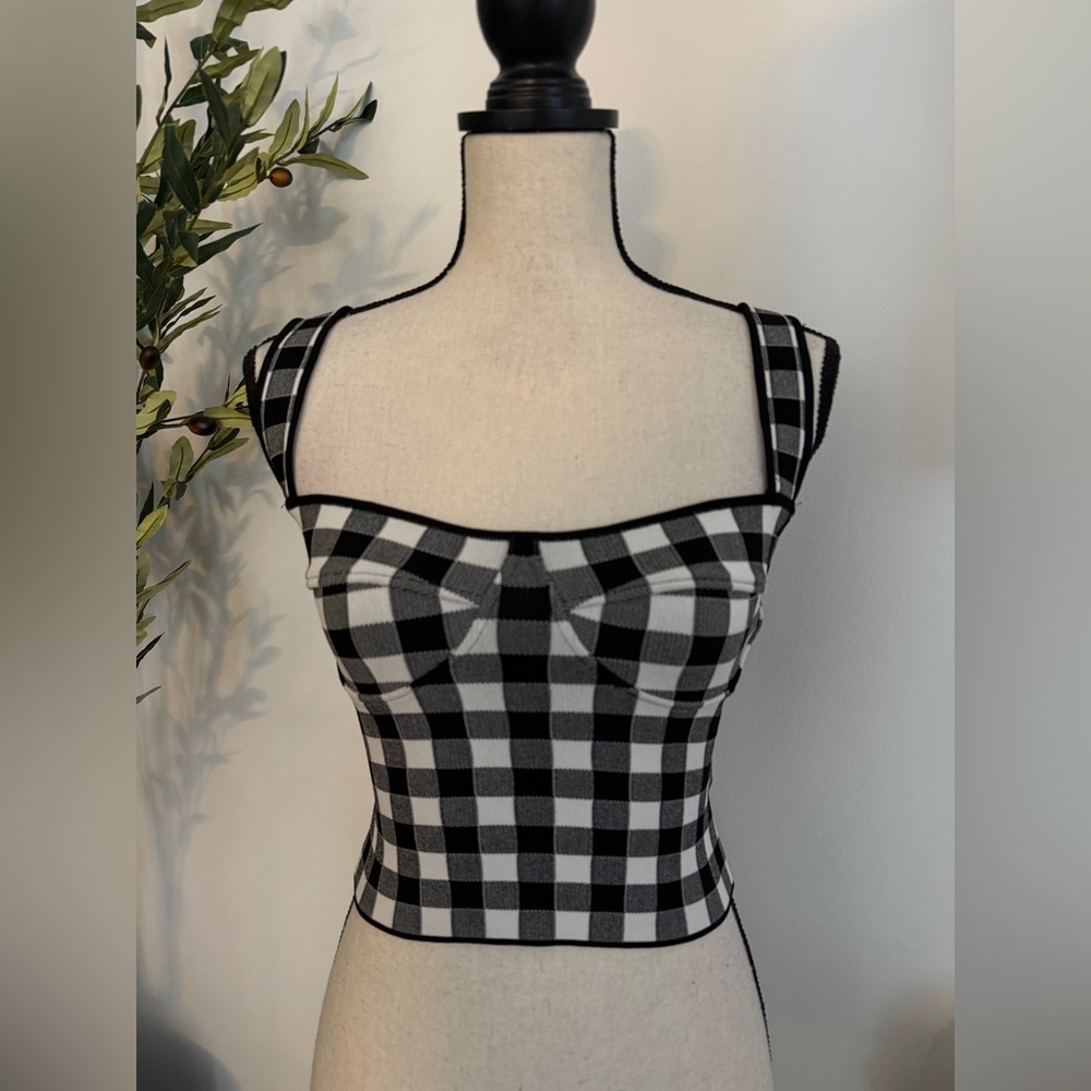 Ronny Kobo Plaid Stretch Fitted Crop Tank Top Black White XS